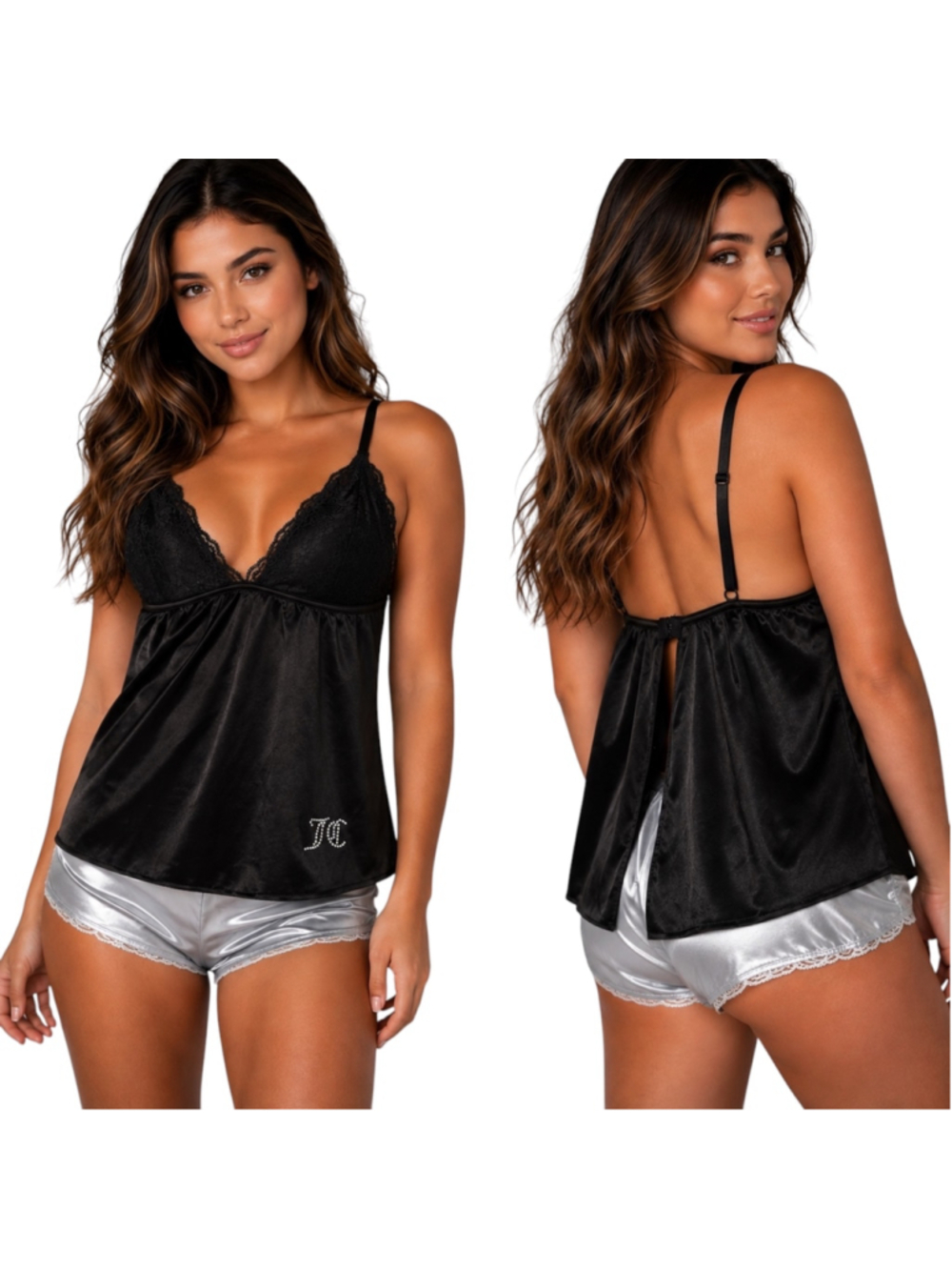 Juicy Couture Black Lace Satin Babydoll Cami Top XL Rhinestone Logo Y2K